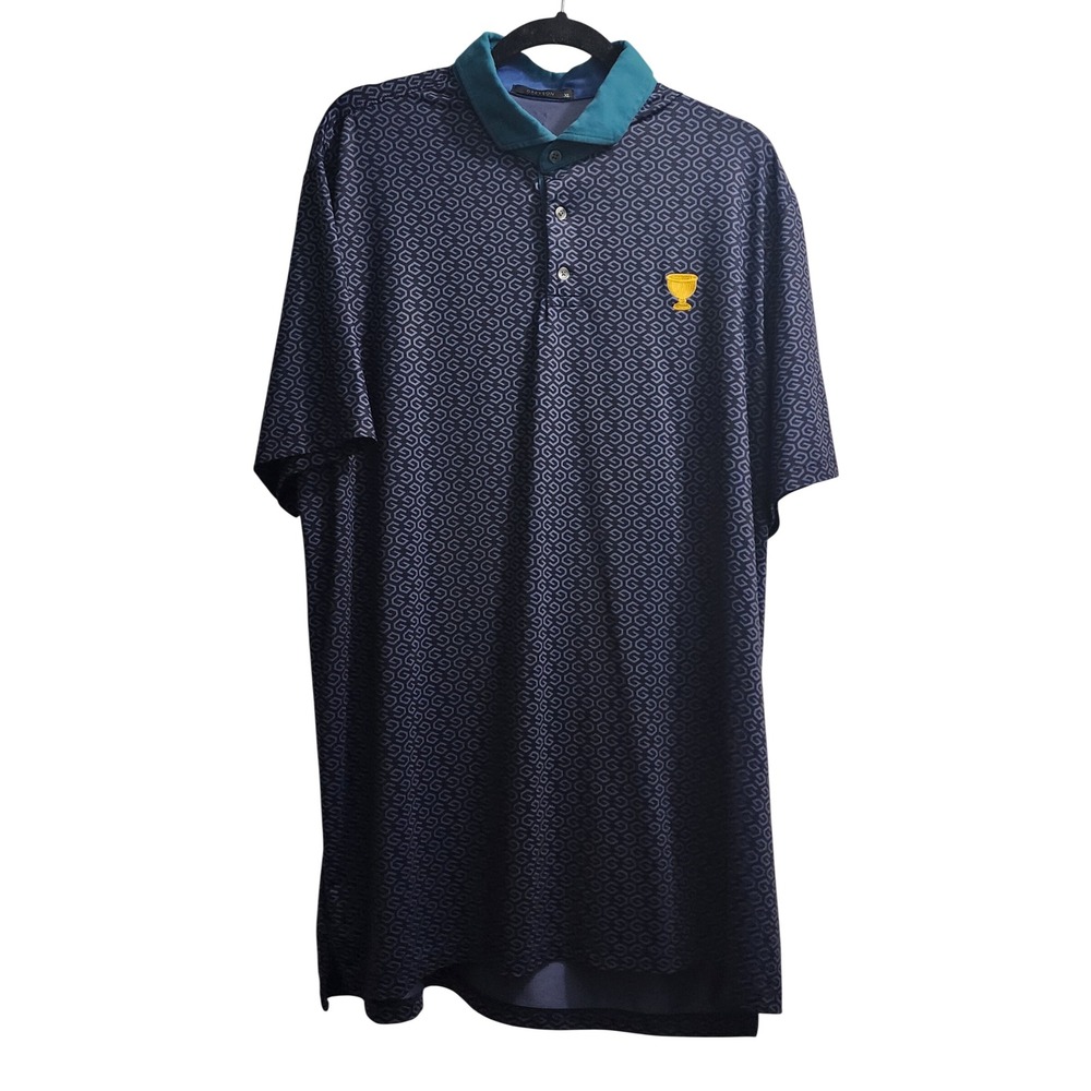 GREYSON Mens Golf‎ Polo Shirt Navy Geometric Pattern Yellow Trophy Logo XL